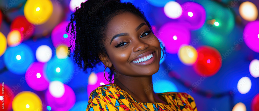 A joyful woman smiles brightly, surrounded by colorful lights, showcasing a vibrant atmosphere and cultural attire. A joyful woman smiles brightly, surrounded by colorful lights, showcasing a vibrant atmosphere and cultural attire.