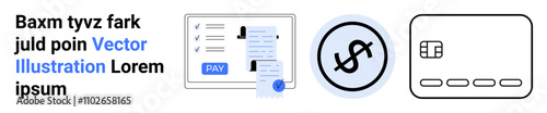Card transaction process showing digital invoice with Pay button, dollar symbol, and credit card representation. Ideal for finance, banking, e-commerce, online payments, transactions, digital
