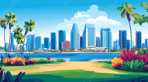 Vibrant San Diego Skyline with Lush Tropical Foliage and Calm Waters