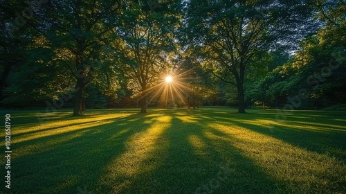 Sunlight streaming through trees, casting shadows on lush green grass.