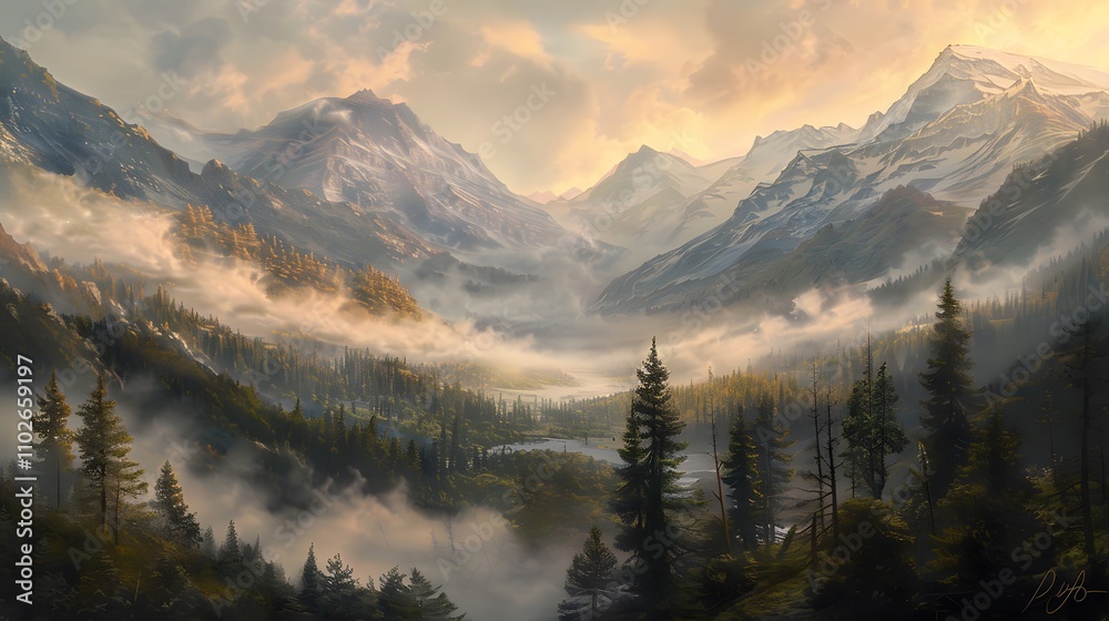 Obraz premium Majestic Mountains Valley Morning Mist Envelops Trees
