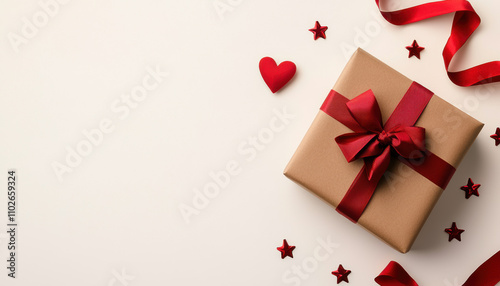 A beautifully wrapped gift box with a red ribbon, accompanied by decorative hearts and stars on a light background.