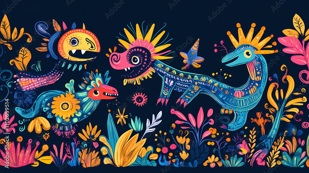 Fototapeta premium A playful illustration featuring a collection of mexican folk art, including alebrijes (colorful mythical creatures), with a dedicated space at the bottom for text. Folk. Illustration