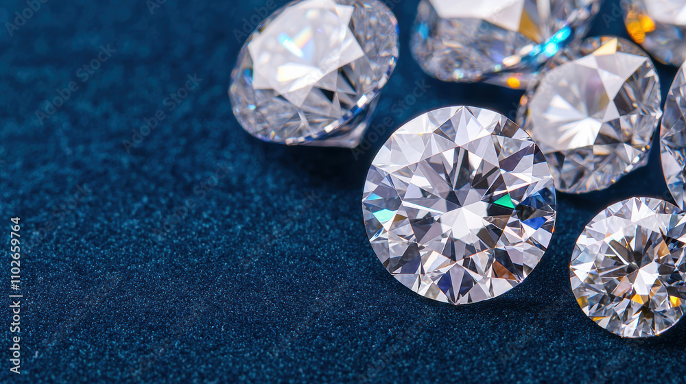 A close-up view of brilliant cut diamonds resting on a luxurious blue fabric background, showcasing their sparkle and clarity. A close-up view of brilliant cut diamonds resting on a luxurious blue fabric background, showcasing their sparkle and clarity.