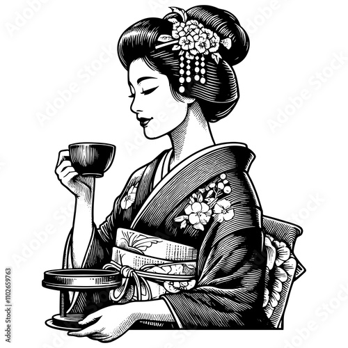 geisha in a floral-patterned kimono, holding a tea cup with grace and serenity sketch engraving generative ai fictional character PNG illustration. Scratch board imitation. Black and white image.