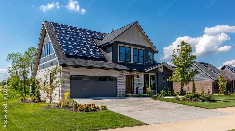 New suburban house with a photovoltaic system on the roof. Modern eco friendly passive house with solar panels on the gable roof, driveway and landscaped yard New suburban house with a photovoltaic system on the roof. Modern eco friendly passive house with solar panels on the gable roof, driveway and landscaped yard