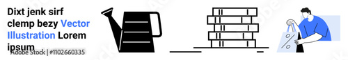 Text elements, black watering can, books stacked on a shelf, man planting a plant. Ideal for gardening, literature, education, lifestyle online courses instructional content blogs. Landing page