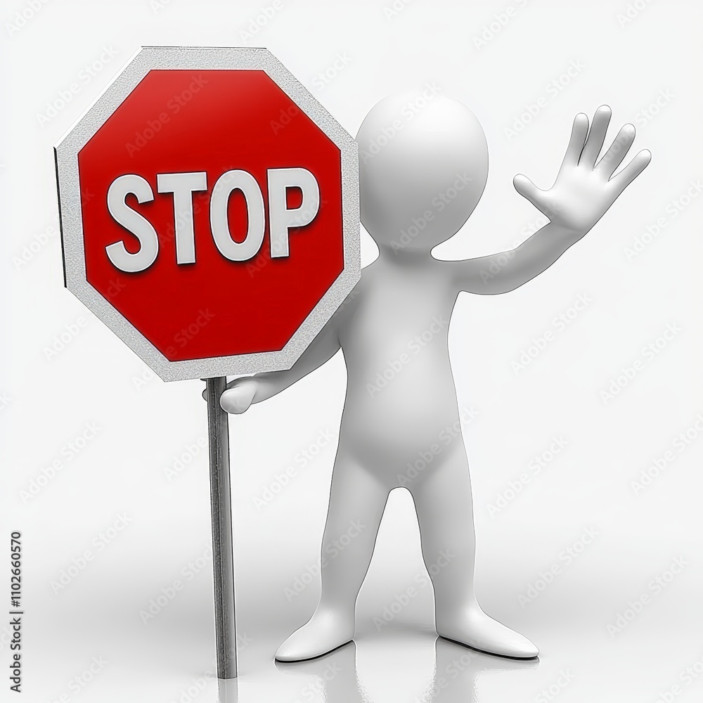 Minimalist 3D White Humanoid with Red Stop Sign on White Background Minimalist 3D White Humanoid with Red Stop Sign on White Background