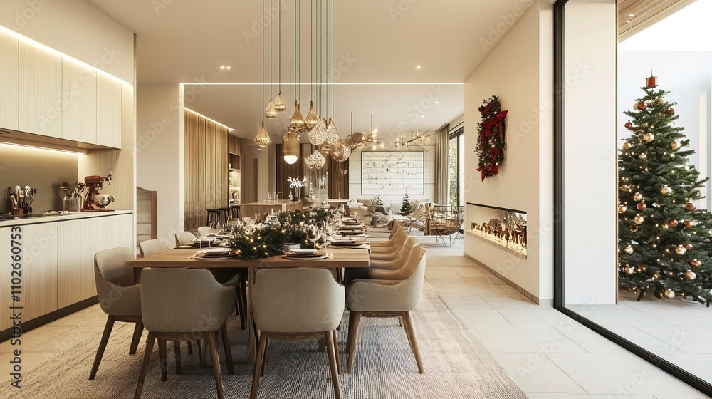 Elegant Scandinavian Style Dining Room with Neutral Tones and Festive Christmas Decor Elegant Scandinavian Style Dining Room with Neutral Tones and Festive Christmas Decor