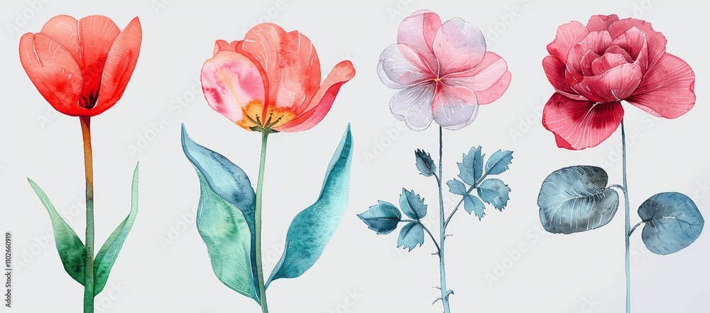 Delicate Watercolor Flower Illustrations - Tulip, Rose, Geranium