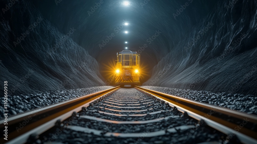 Obraz premium Train Approaching in Dark Underground Tunnel
