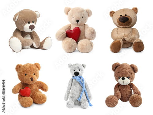 Different cute teddy bears isolated on white, collection