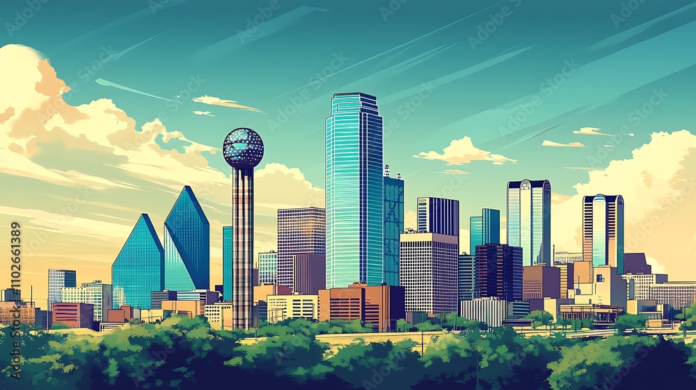 Stylized Dallas Skyline Featuring the Reunion Tower at Sunset