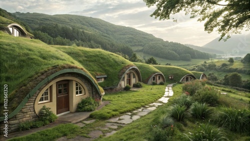 Spiraling earthsheltered homes covered in grass and moss designed to maintain a stable indoor climate while mimicking the surrounding terrain. photo