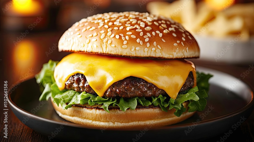 Juicy hamburger with lettuce and cheddar cheese, served on a sesame seed bun. Juicy hamburger with lettuce and cheddar cheese, served on a sesame seed bun.