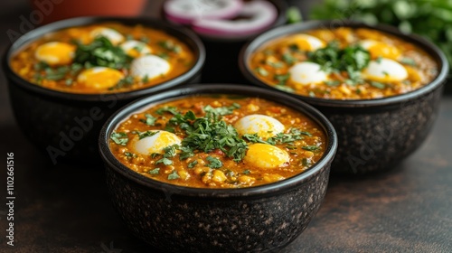 Three bowls of flavorful egg curry with herbs.