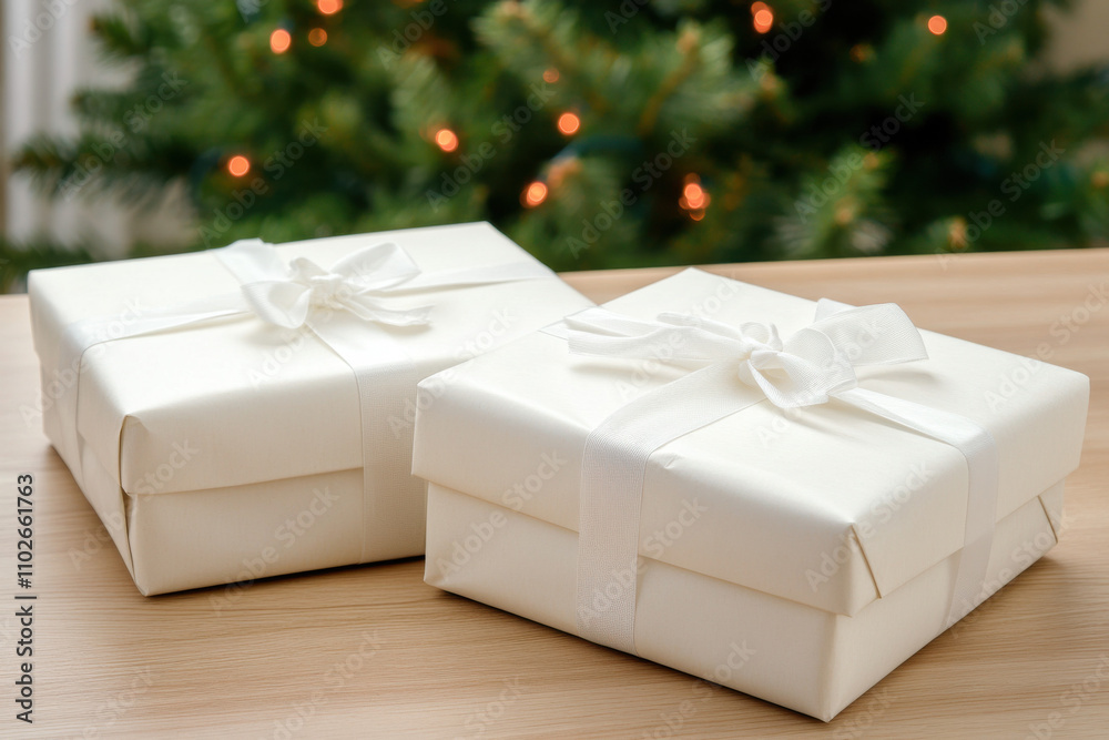 two white gift boxes wraped in white plain paper and white ribbon on the wood table, chirstmas tree in the background two white gift boxes wraped in white plain paper and white ribbon on the wood table, chirstmas tree in the background