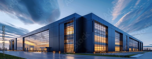 Modern Logistics and Research Facility with Glass Facade at Dusk