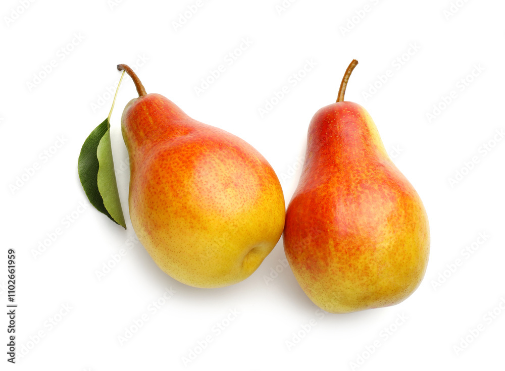 Fresh ripe juicy pears isolated on white, top view Fresh ripe juicy pears isolated on white, top view