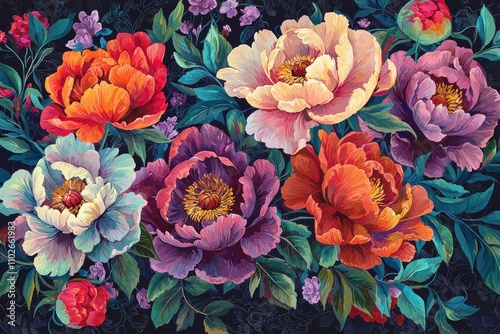 Vibrant floral composition featuring peonies in various colors against a dark background, showcasing beauty and elegance in nature's design.