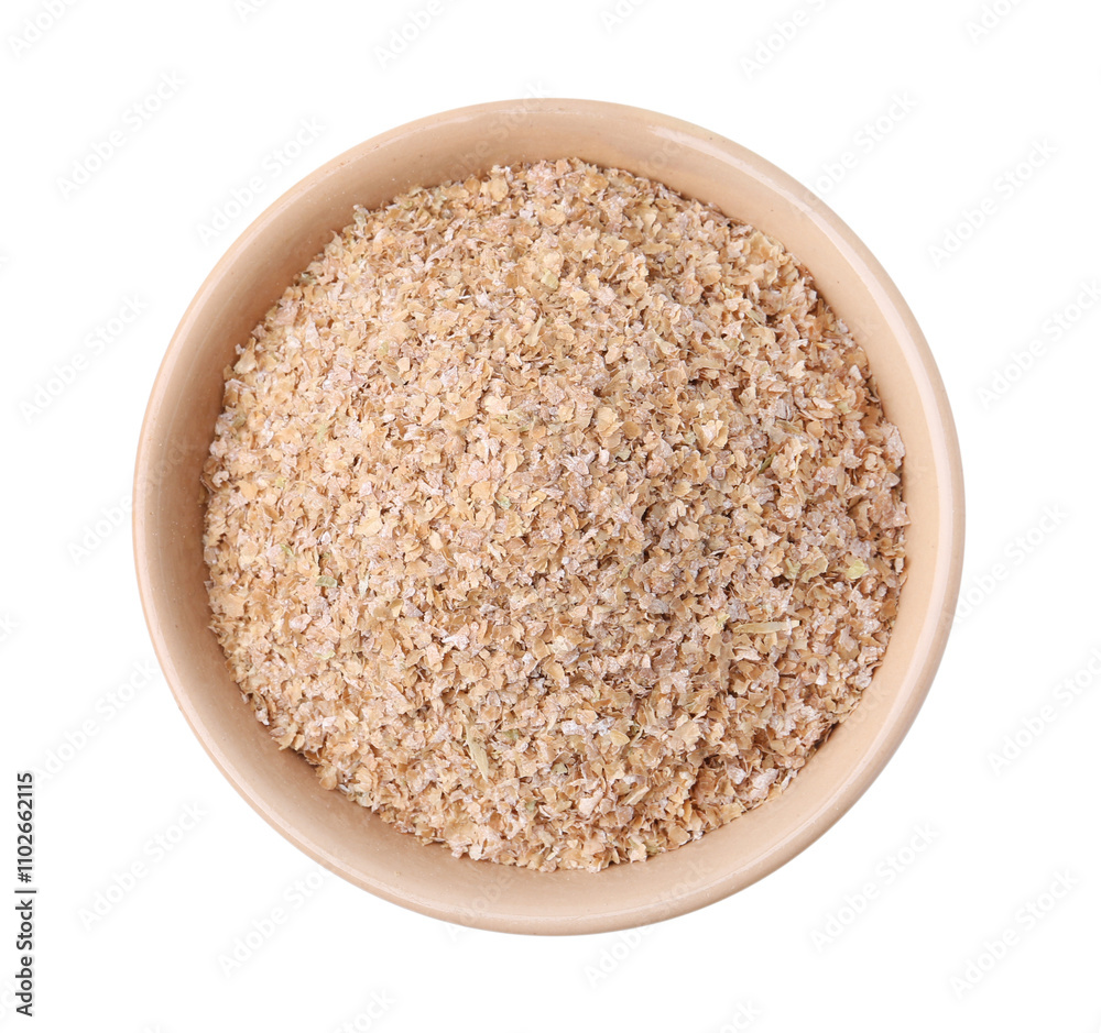 Buckwheat bran in bowl isolated on white, top view Buckwheat bran in bowl isolated on white, top view