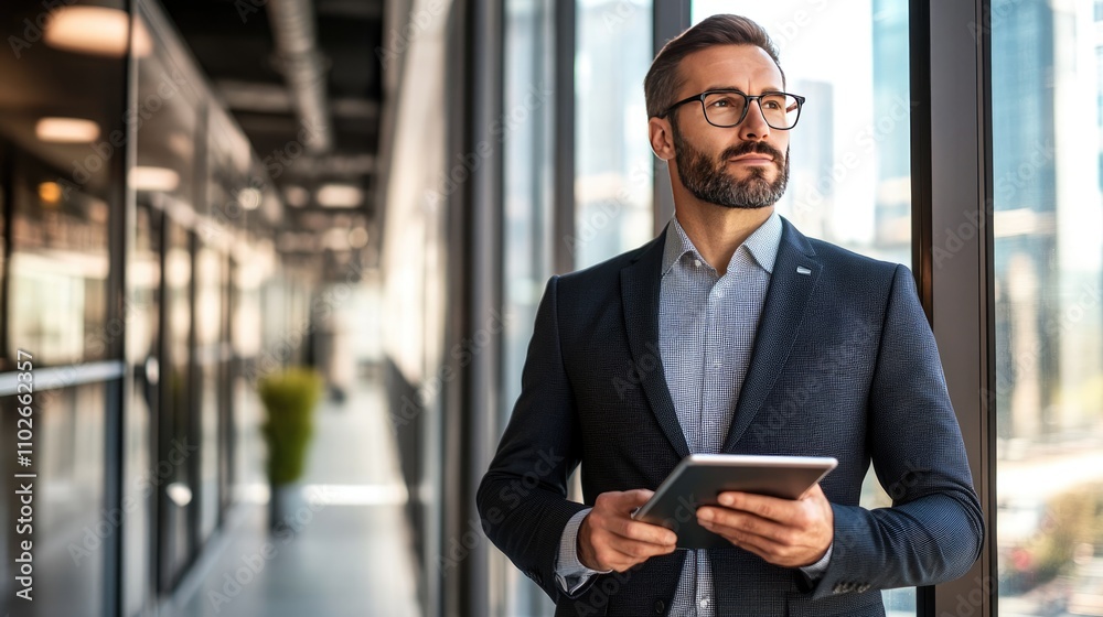 Professional Man Holding Tablet in Modern Office Space Professional Man Holding Tablet in Modern Office Space