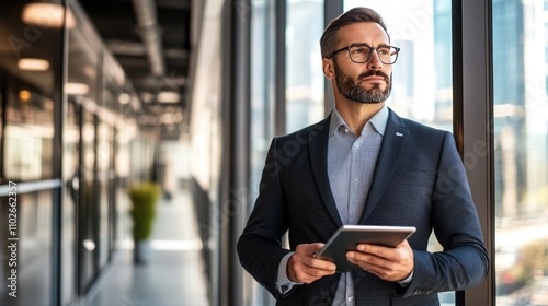 Professional Man Holding Tablet in Modern Office Space