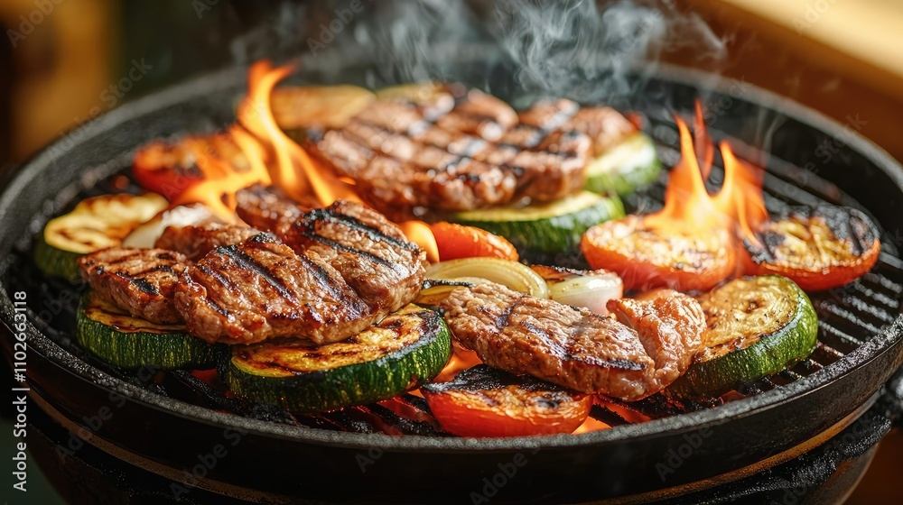 Grilled meat and vegetables on a barbecue, flames and smoke enhancing the flavor. Grilled meat and vegetables on a barbecue, flames and smoke enhancing the flavor.