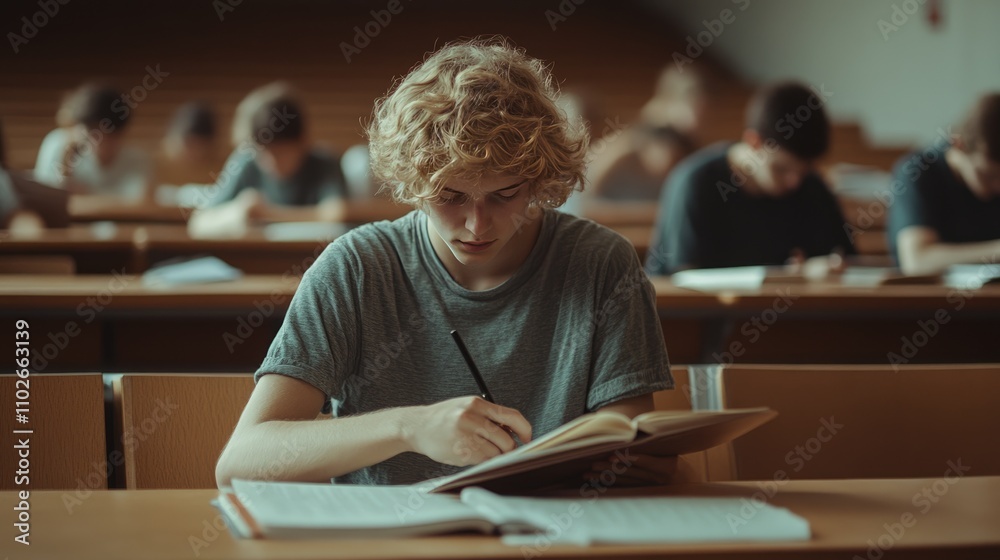 Student Engaged in Exam Preparation in Classroom Setting