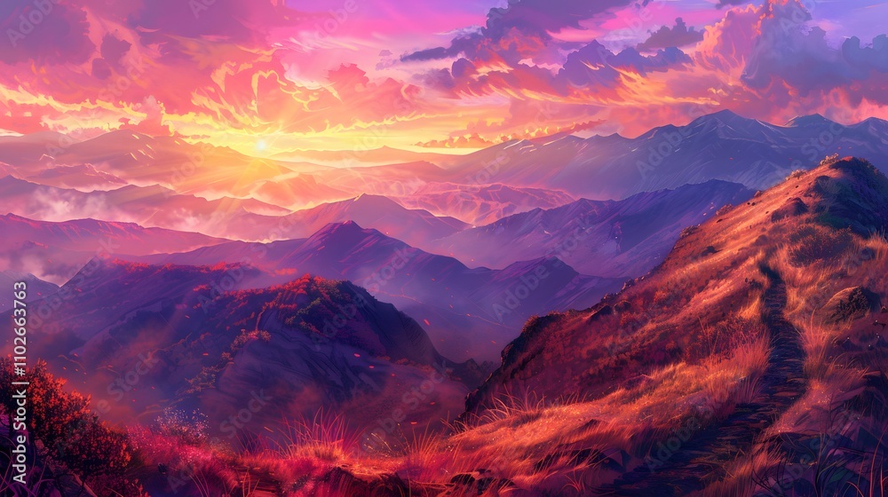 Naklejka premium Majestic Sunset Over Purple Mountain Ranges