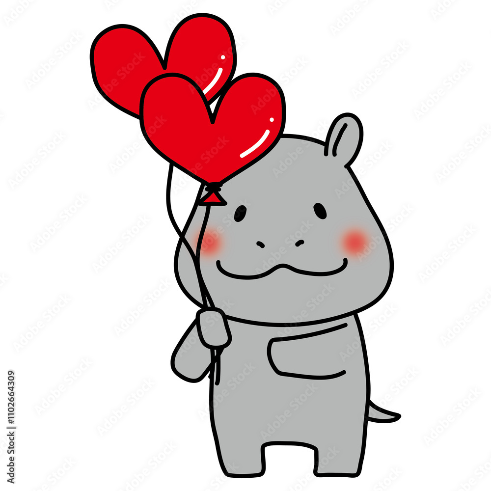 Naklejka premium ハートの風船を持っているカバ