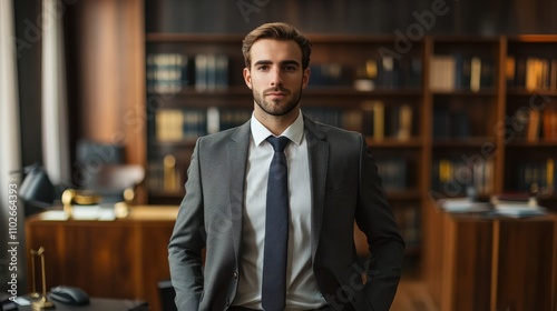 A confident young male lawyer stands in a stylish office. He embodies professionalism and authority, showcasing a modern and approachable demeanor suitable for legal representation.