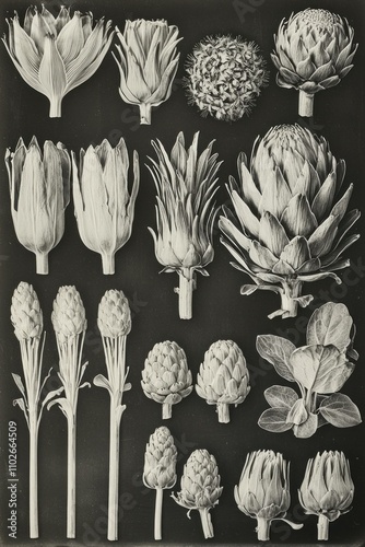 Detailed black and white study of various artichoke flowers and buds in different stages of growth against a dark background. Botanical illustration concept. photo