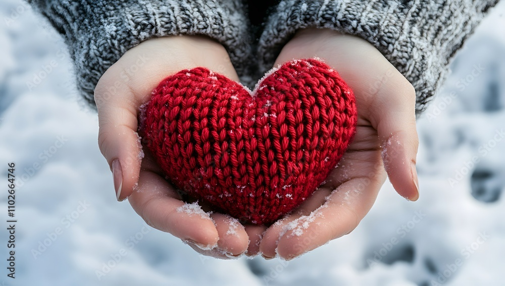 A woman's hands gently cradling a warm, red knitted heart. A symbol of love and care in a snowy winter scene. A woman's hands gently cradling a warm, red knitted heart. A symbol of love and care in a snowy winter scene.