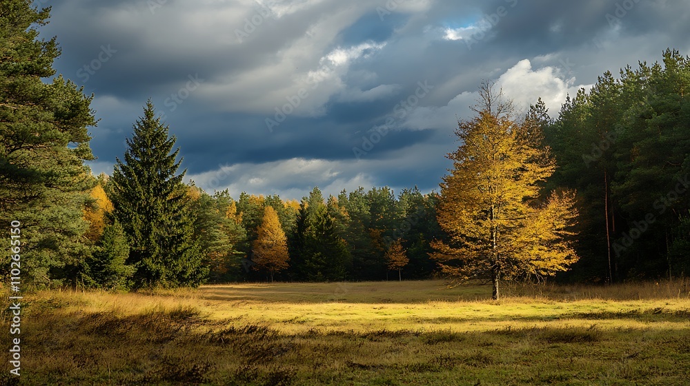 Fototapeta premium Autumn landscape, golden tree in meadow, forest background