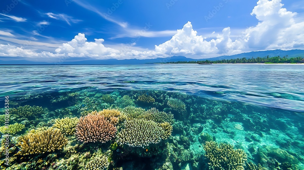 Fototapeta premium Tropical Seascape: Vibrant Coral Reef Under a Sunny Sky