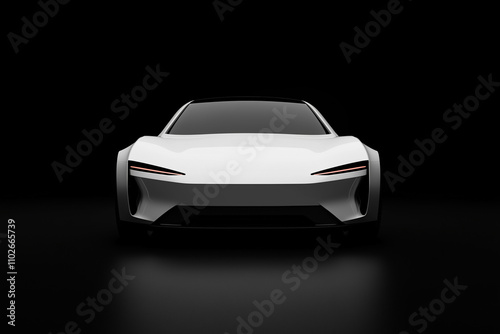 front view of a white futuristic electric sports car isolated on a dark background