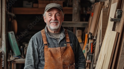 A portrait of a middle-aged European male carpenter in a workshop, showcasing a warm smile and professional demeanor amidst woodworking tools and materials.