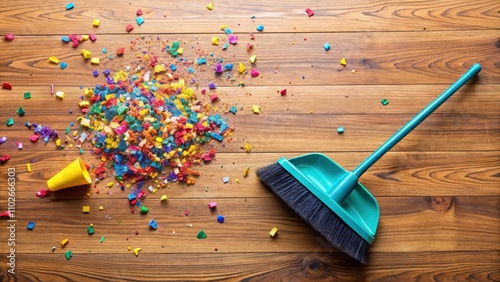 New Year's Cleaning: Dustpan & Broom Confetti Cleanup - Stock Photo