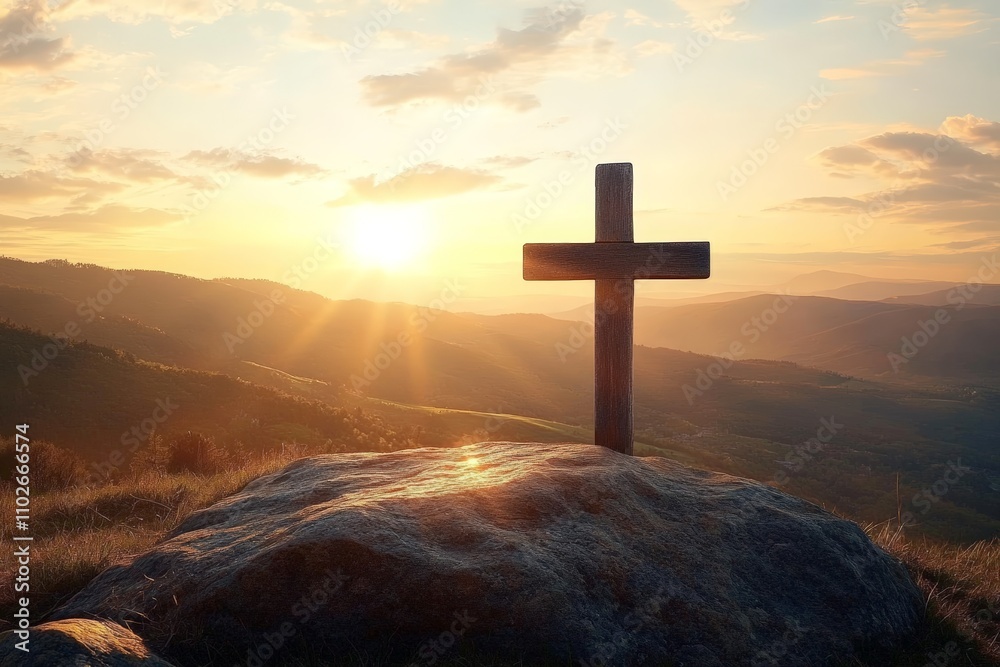 Wooden Cross on Rock at Sunset, Symbol of Christian Faith and Resurrection, Peaceful Easter Scene Wooden Cross on Rock at Sunset, Symbol of Christian Faith and Resurrection, Peaceful Easter Scene