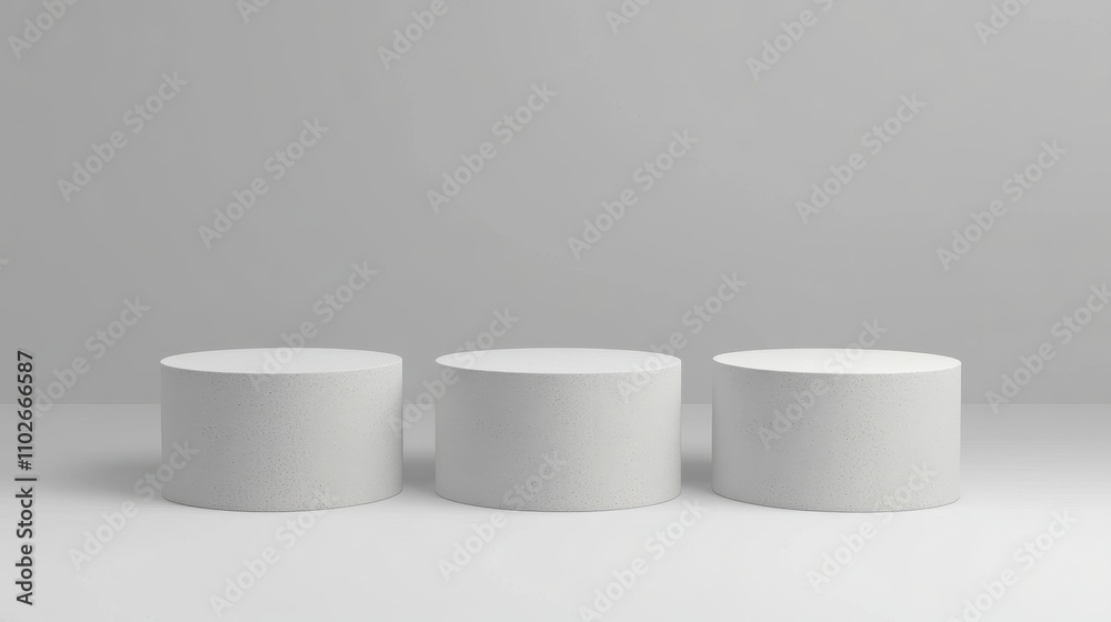 Three White Cylindrical Display Stands On White Background Three White Cylindrical Display Stands On White Background