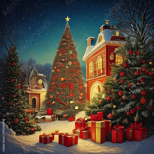 christmas tree in front of the house at night, illustration 