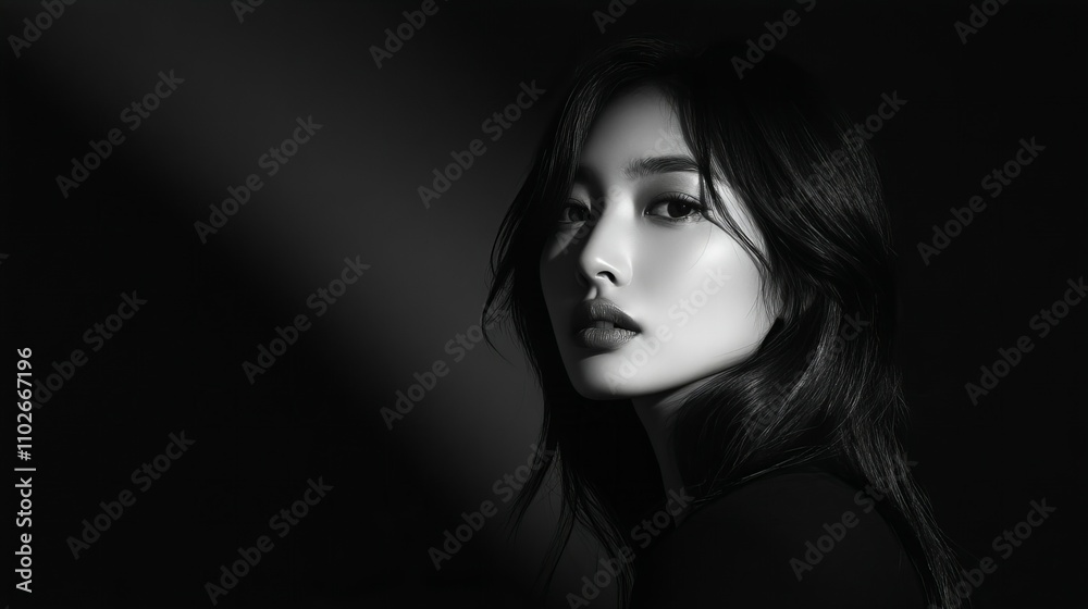 Naklejka premium A black-and-white portrait of a woman illuminated by a single dramatic spotlight, creating sharp contrasts and soft shadows on a plain dark backdrop. 