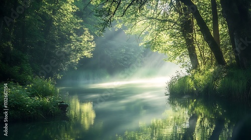 Misty River in Green Forest at Sunrise