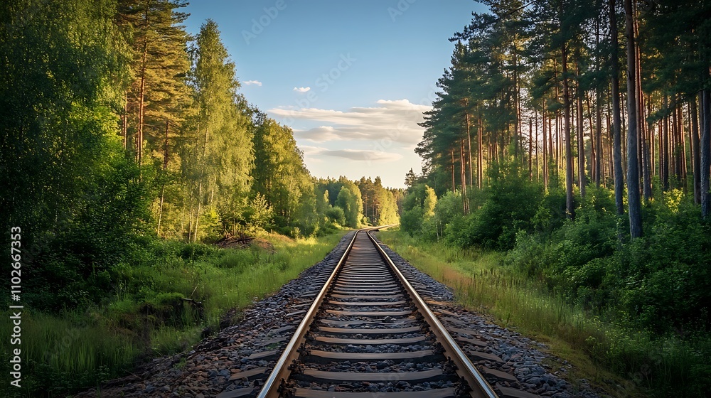 Fototapeta premium Train Tracks Through Lush Forest