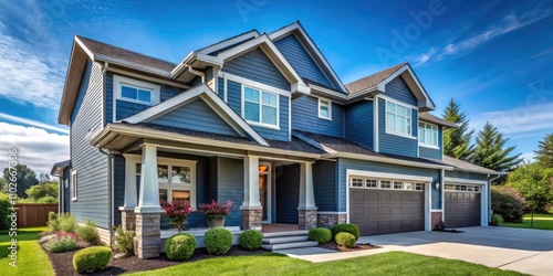 Modern Home Exterior with Gray Vinyl Siding Under a Bright Blue Sky - Ideal for Real Estate Marketing and Home Design Inspiration