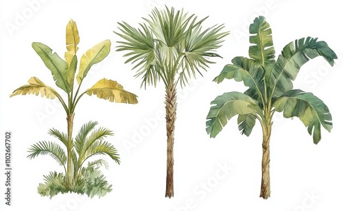 Watercolor palm trees with different leaf structures on white background tropical foliage photo