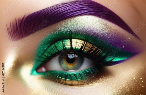 Close-up of an eye with bold green and gold eyeshadow, purple eyebrows, and long lashes, showcasing an intricate and striking makeup style that radiates creativity and luxury