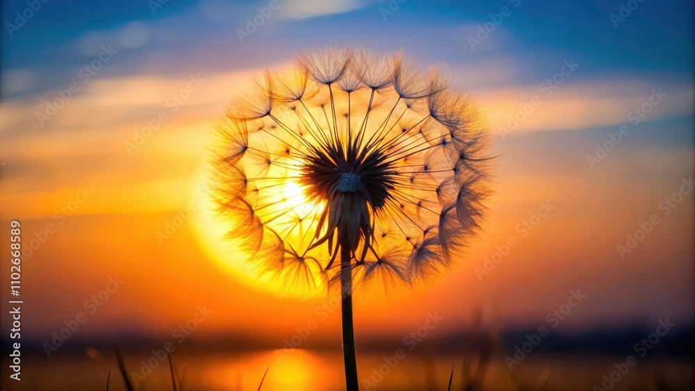 Fototapeta premium Minimalist Dandelion Silhouette Sunset Photography - High Resolution Image, Nature, Backlit, Golden Hour, Plant Silhouette