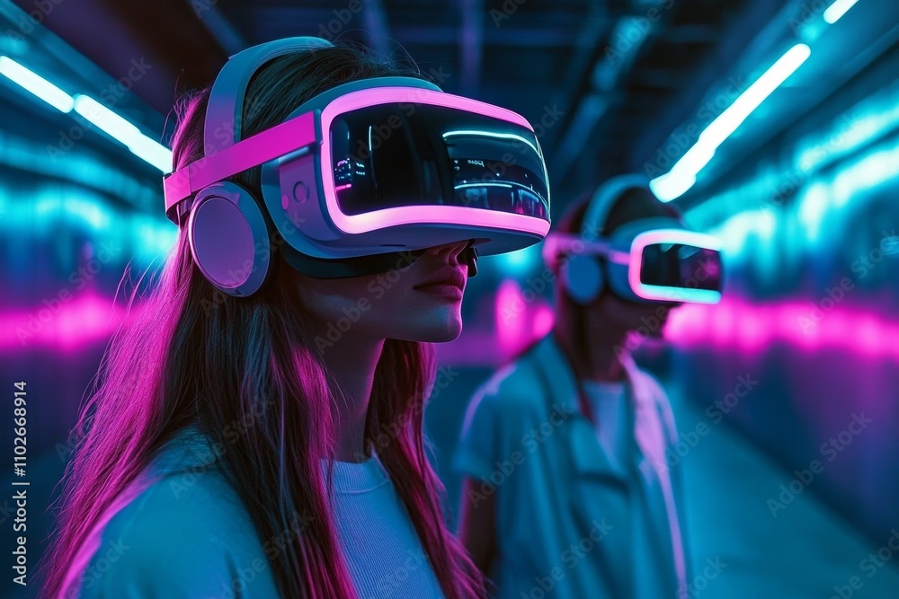 Couple in VR headsets explores futuristic neon-lit tunnel in cyberspace Couple in VR headsets explores futuristic neon-lit tunnel in cyberspace